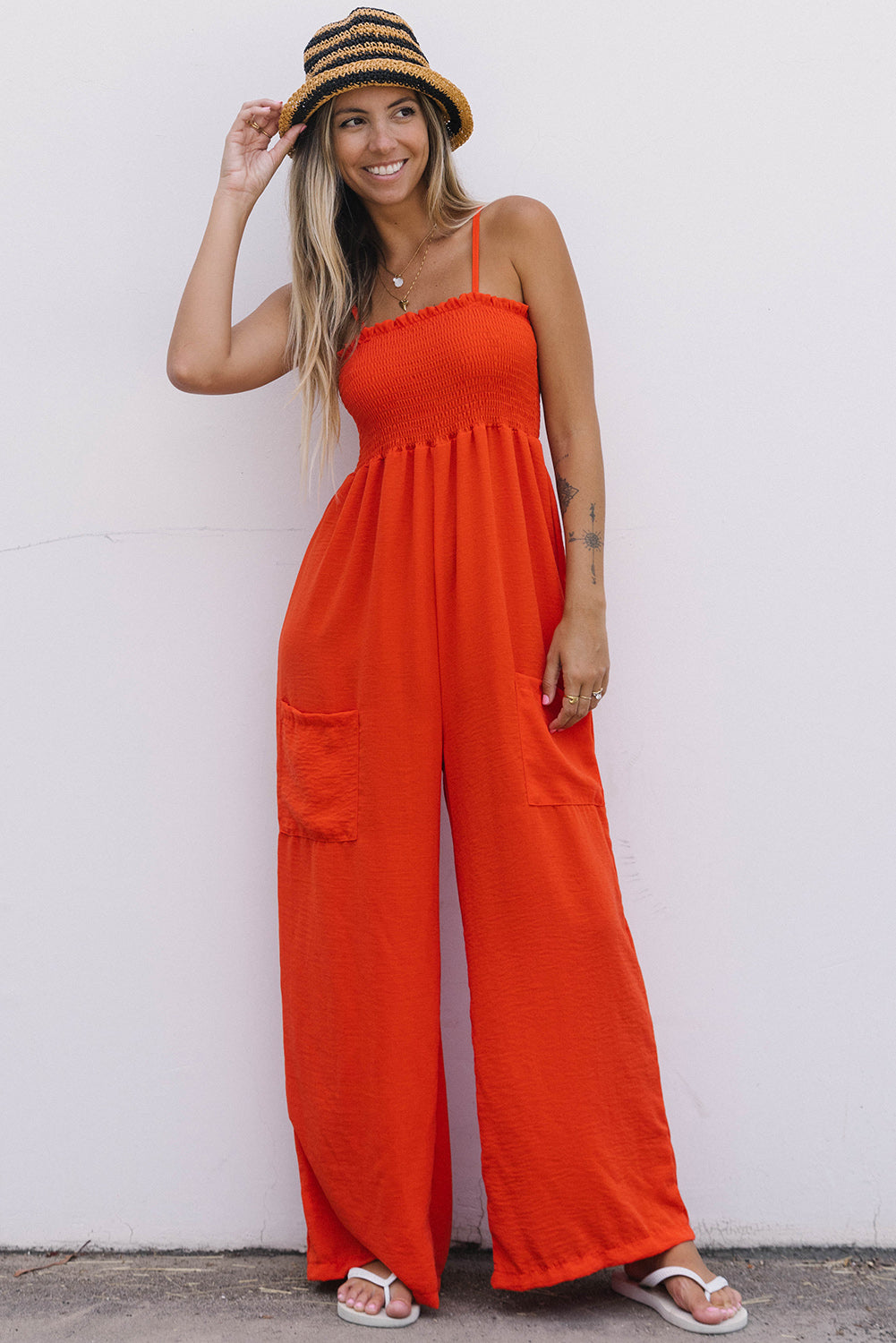 Smocked Spaghetti Straps Wide Leg Jumpsuit