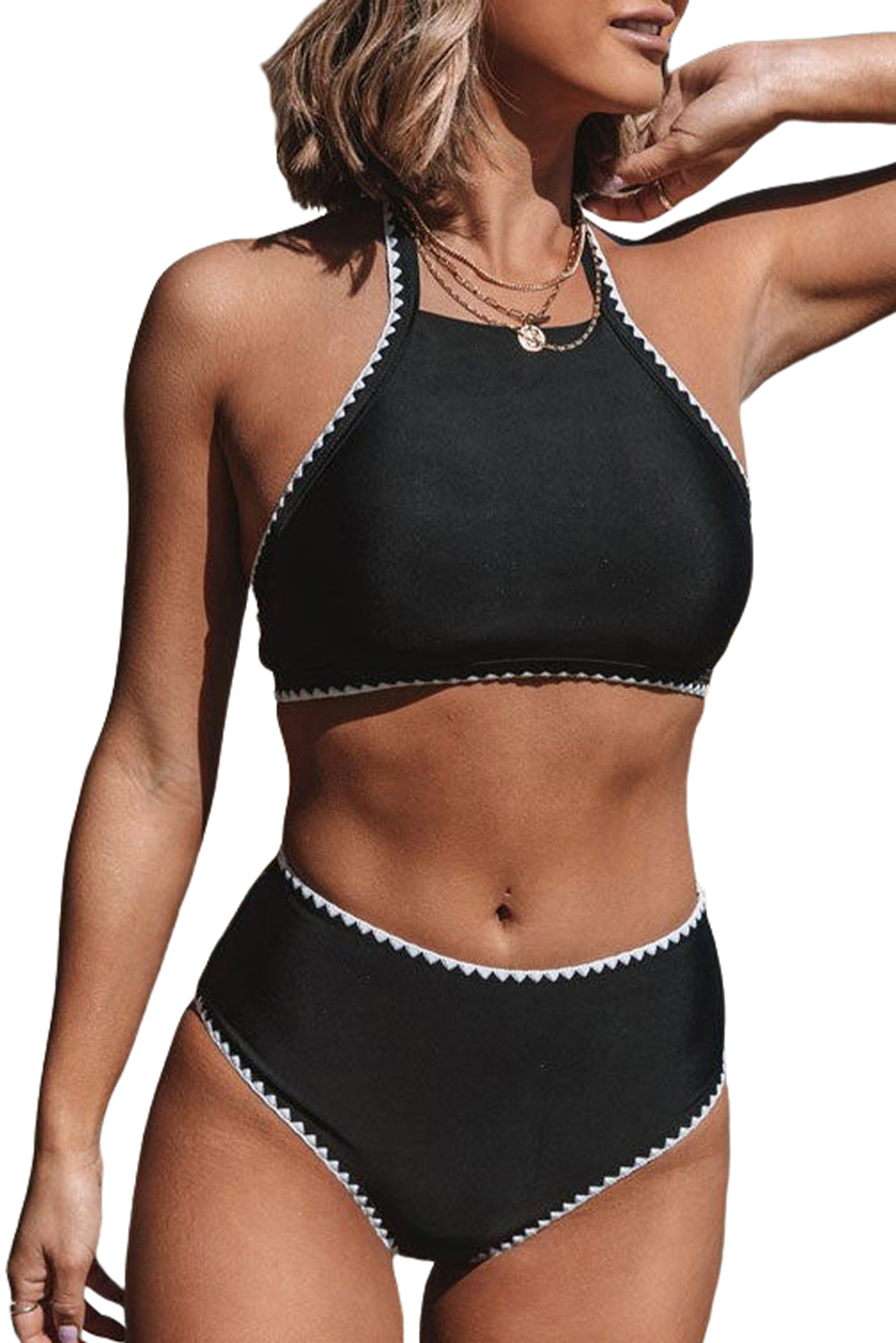 Contrast Binding High Waist Halter Bikini Set