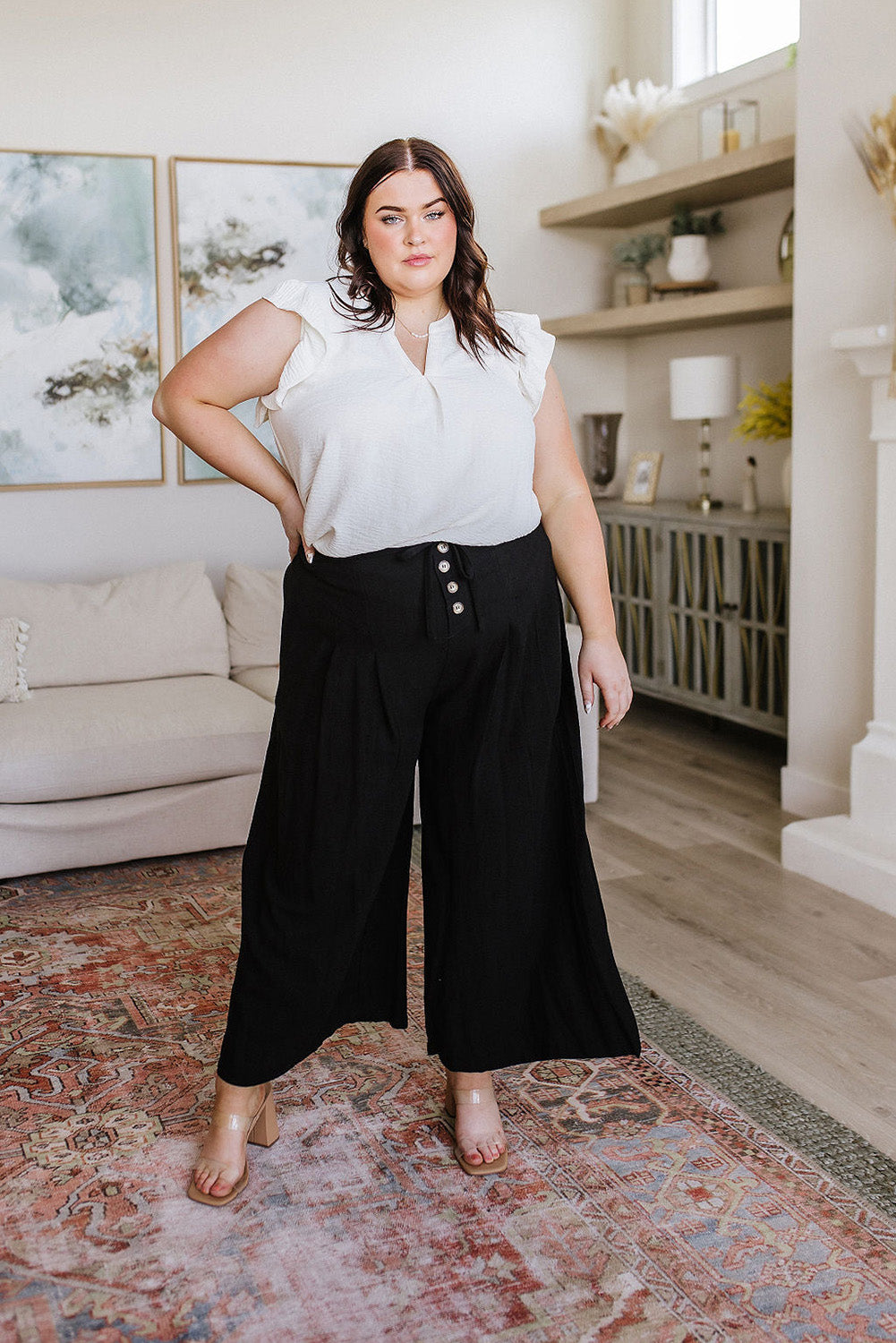 Buttoned Lace-up Waist Wide Leg Plus Size Pants