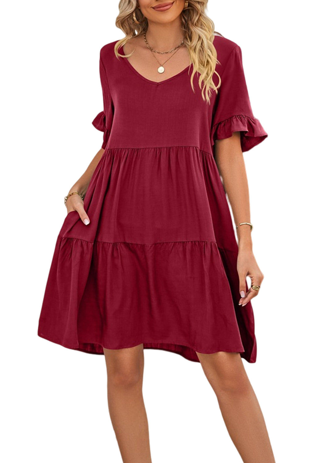 Robe midi évasée rouge à col en V et manches courtes