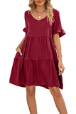 V Neck Ruffle Short Sleeve Flared Midi Dress