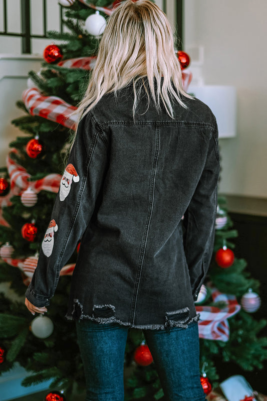 Black Sequined Santa Claus Graphic Frayed Denim Jacket