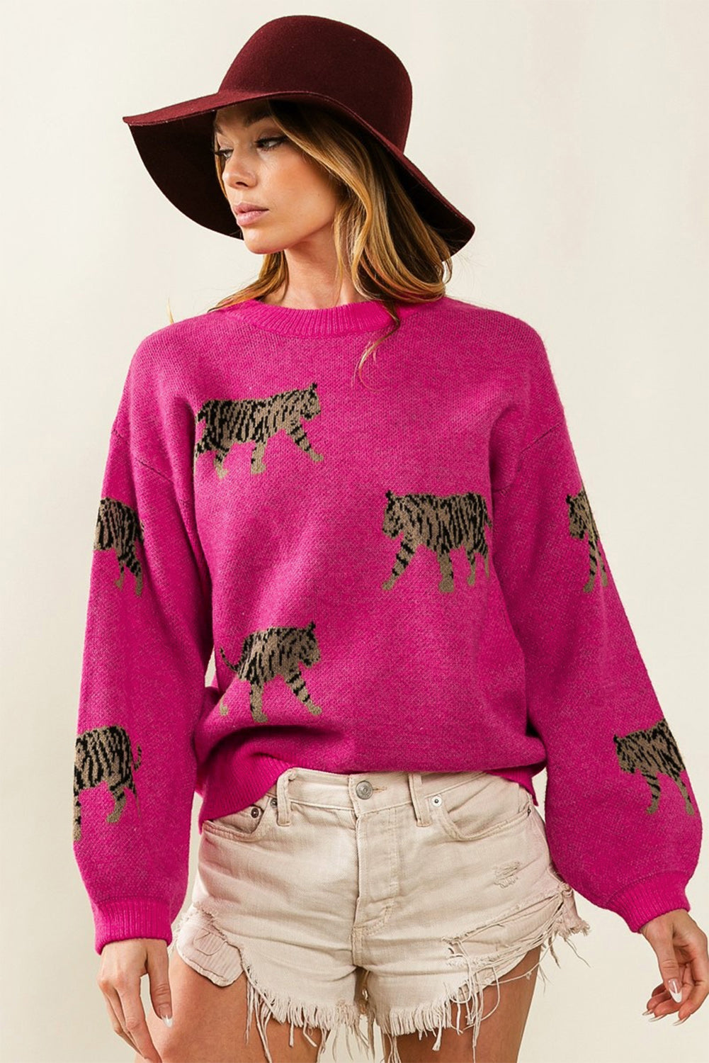 Rose Red Fierce Animal Pattern Casual Knitted Sweater