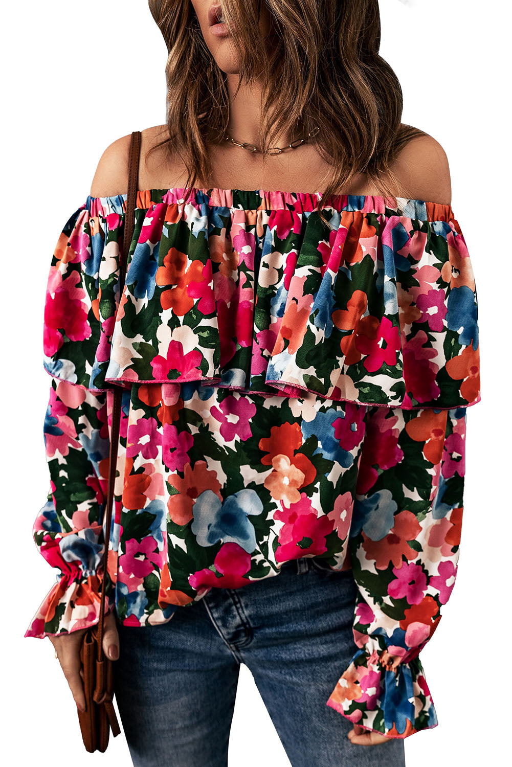 Blouse à épaules dénudées et à volants imprimé floral