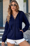 Navy Blue Solid Color Fleece Lined Zip up Hoodie