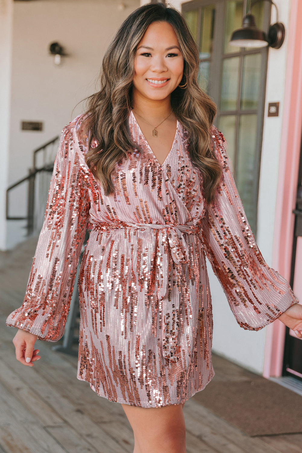 Sequin Bubble Sleeves Short Wrap Dress