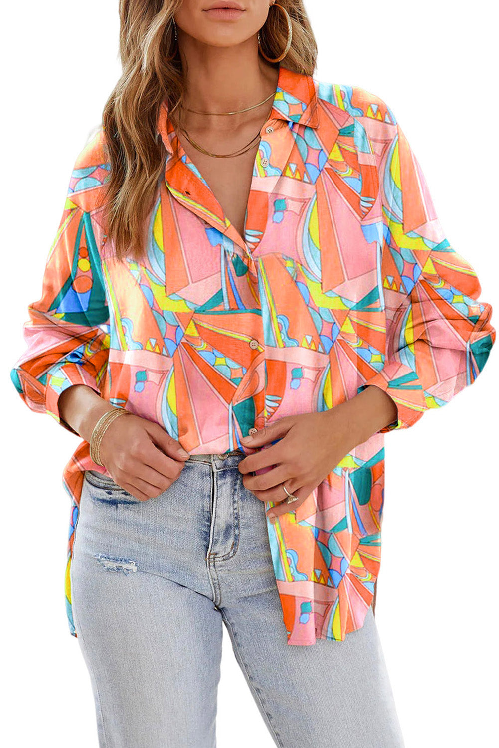 Abstract Geometry Print Half Puff Sleeve Loose Shirt