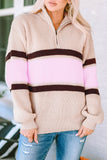 Striped Color Block Knit Zip Collared Sweater