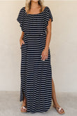 Striped Print Ruffled High Waist Maxi Dress with Side Splits