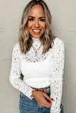 White Flower Lace See Through Mock Neck Long Sleeve Top