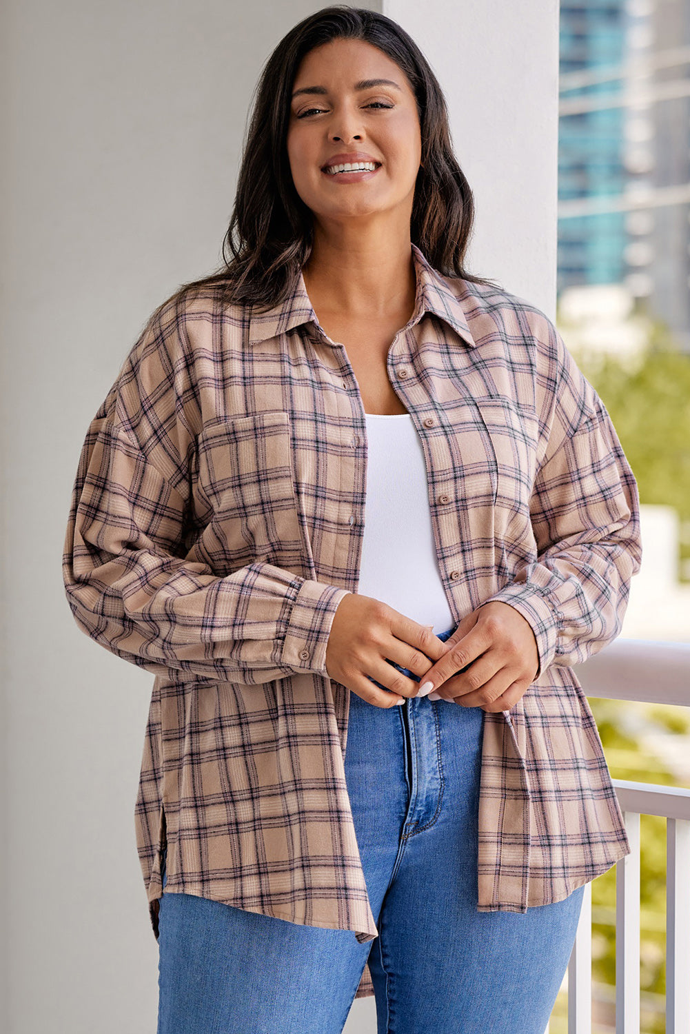 Plus Size Plaid Print Buttoned Oversized Tunic Shirt