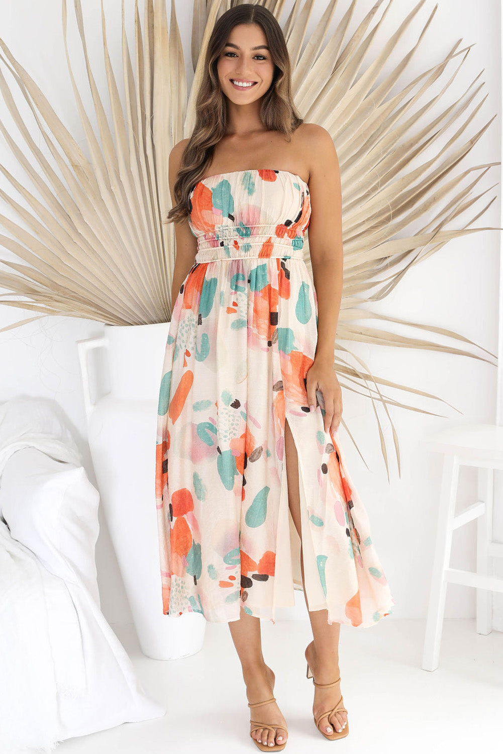 Strapless Shirred Abstract Print Split Long Dress