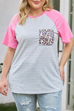 Leopard Patch Pocket Plus Size Raglan Sleeve Tee