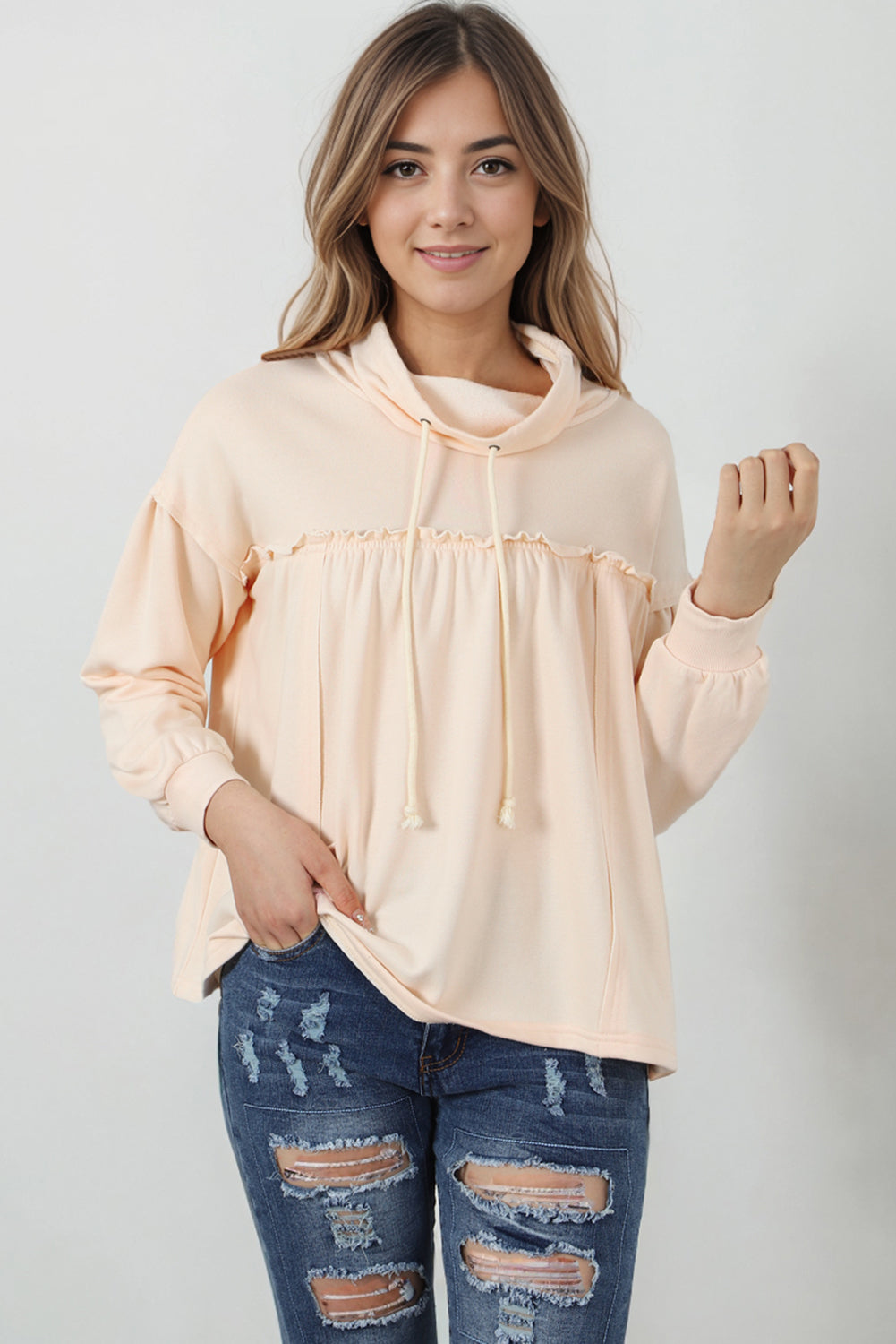 Frill Exposed Seam Cowl Neck Oversized Sweatshirt