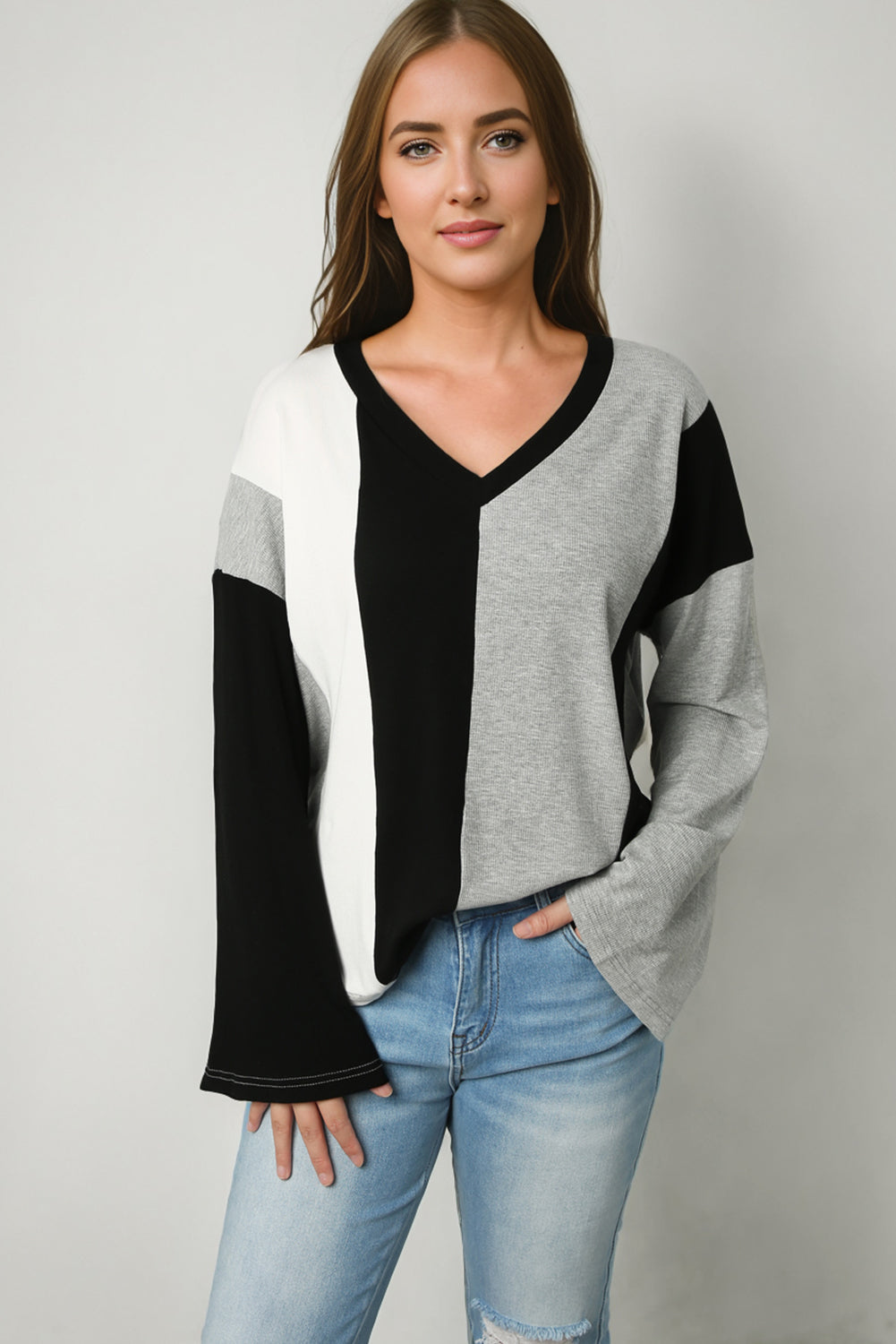 Black Colorblock Long Sleeve V Neck Top