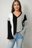 Black Colorblock Long Sleeve V Neck Top