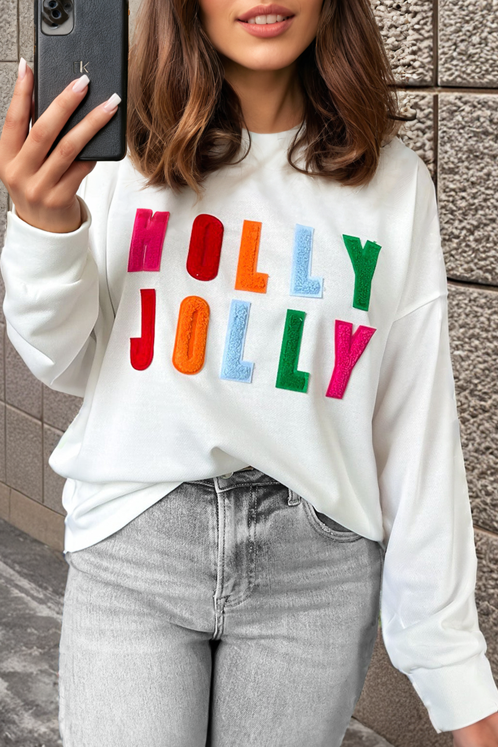 Black Chenille Holly Jolly Graphic Long Sleeve Top