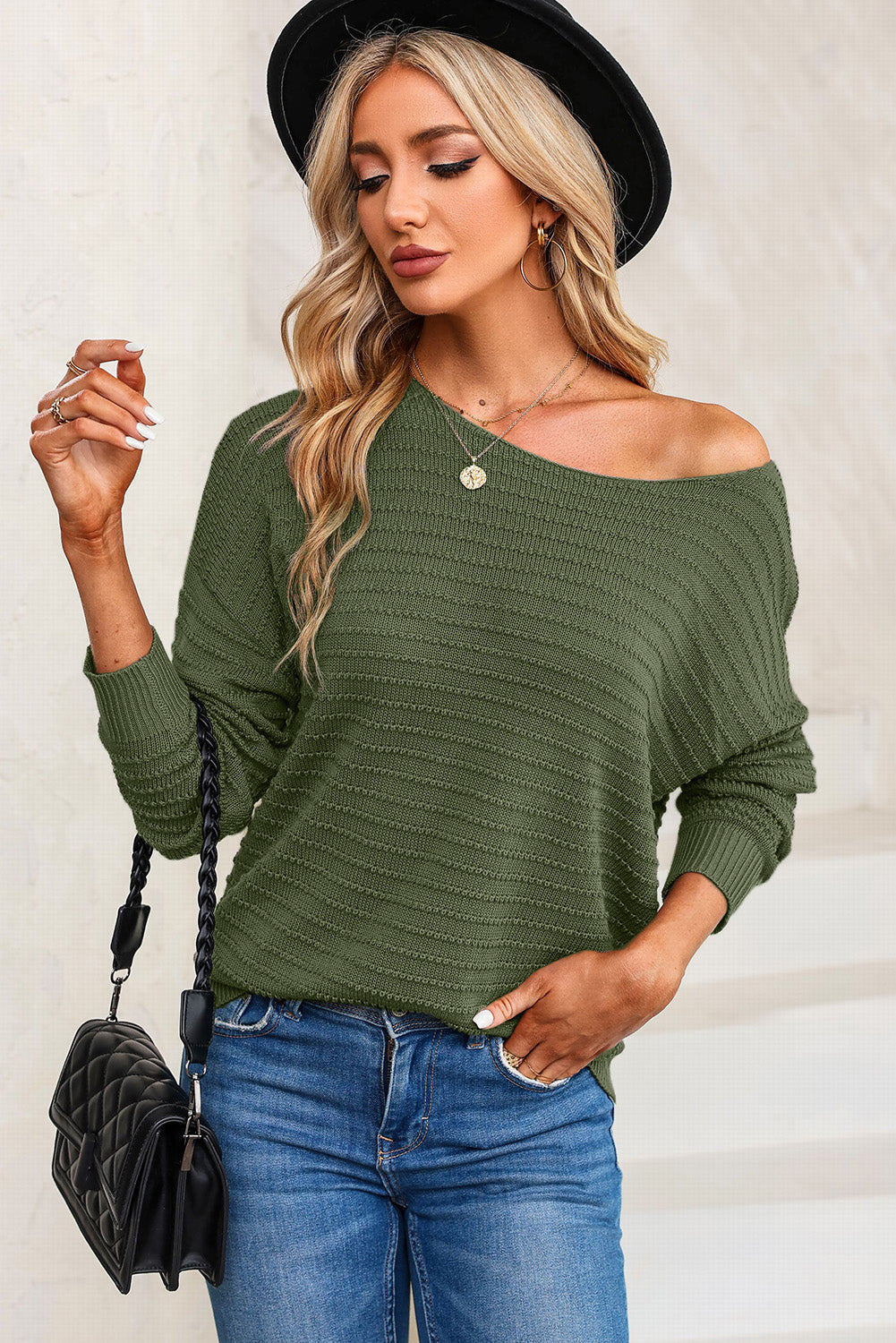 Green Textured Knit Round Neck Dolman Sleeve Sweater