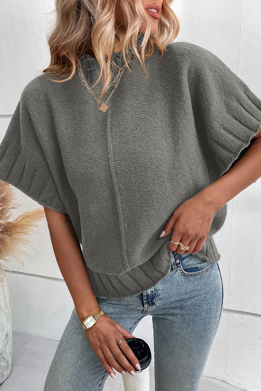 Blackish Green Mock Neck Batwing Short Sleeve Knit Sweater