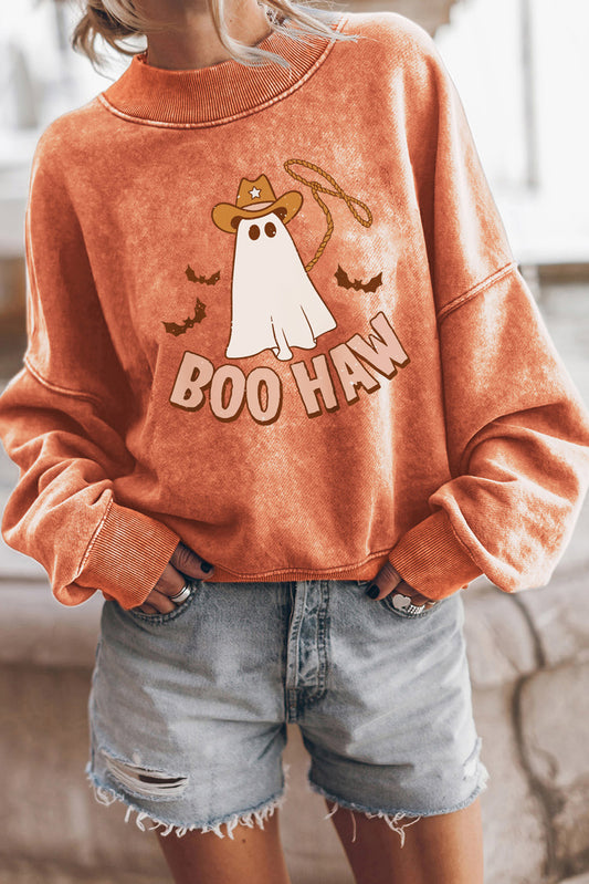 Sweat-shirt orange à manches tombantes imprimé BOO HAW Ghost Halloween