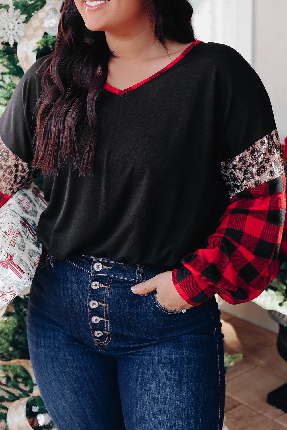 Christmas Tree Plaid Leopard Sequin Plus Size Top