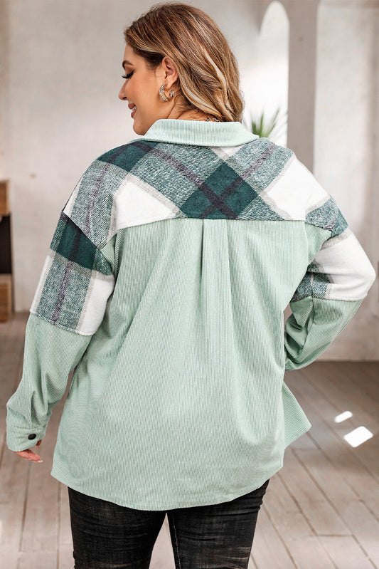 Veste en velours côtelé vert à carreaux patchwork grande taille