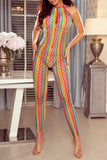 Striped Hollow Out Backless Halter Bodystocking