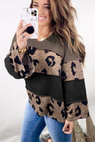 Leopard Colorblock Patchwork V-Neck Loose Sleeve Knit Top