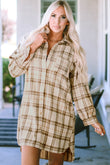 Khaki Western Plaid Button Up Loose Shirt Dress