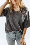 Waffle Knit Seamed Half Sleeve V Neck Top