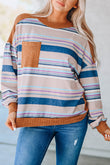 Striped Print Ribbed Knit Patchwork Pullover Top