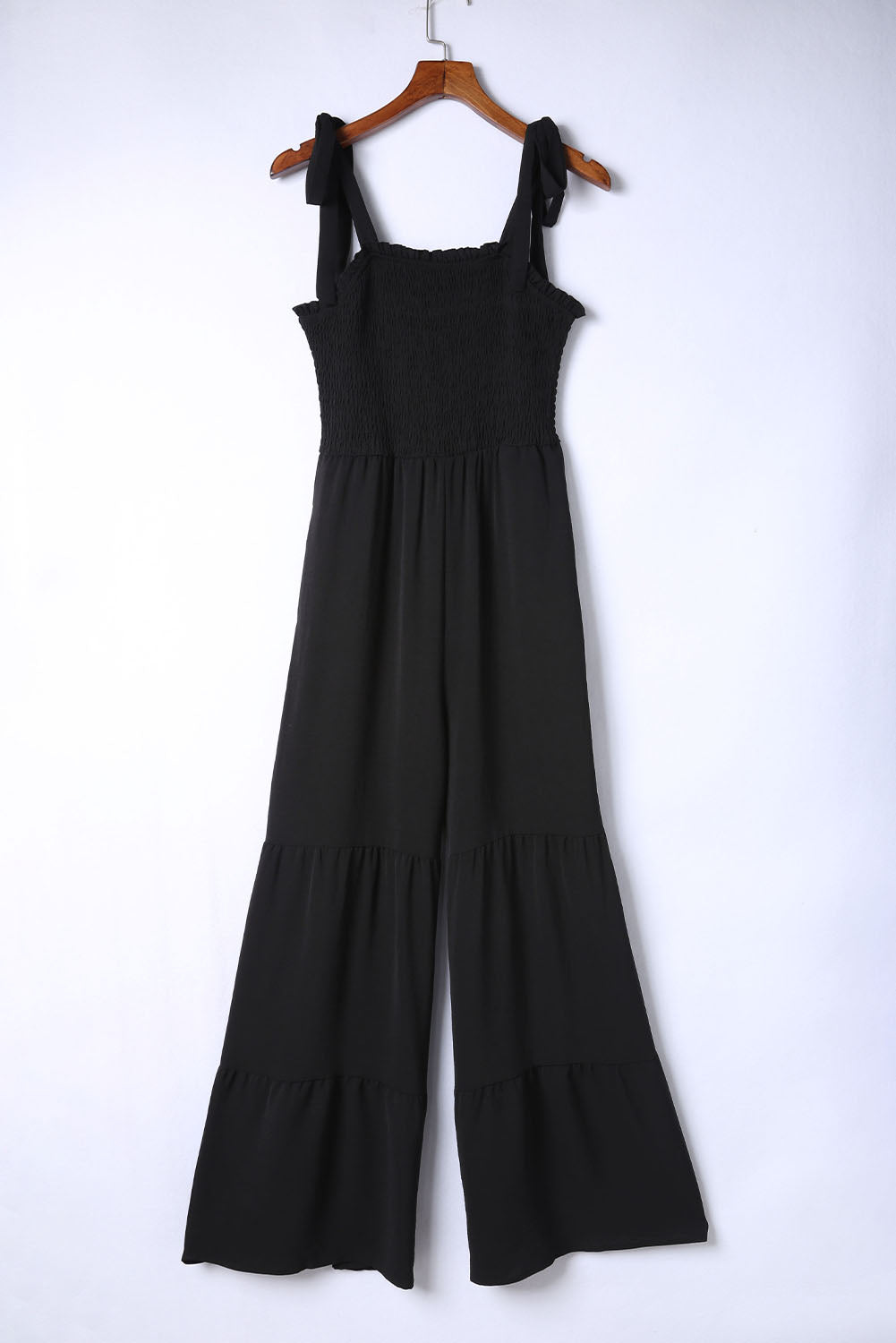 Black Tie Straps Shirred Bodice Tiered Wide Leg Jumpsuit