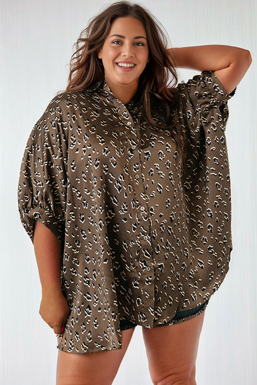 Buttoned Batwing Sleeve Plus Size Shirt