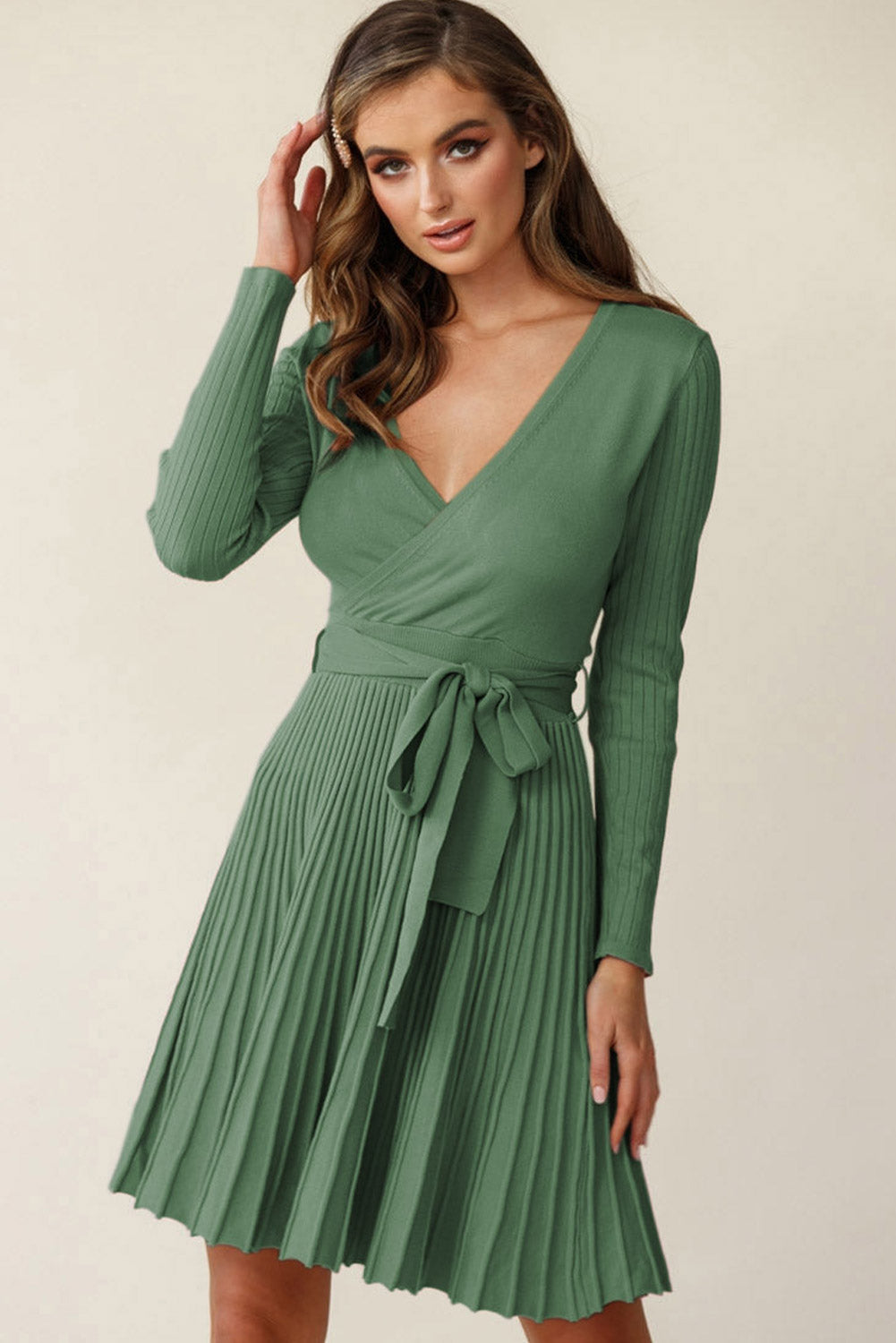 Belted V Neck Ribbed Pleated Sweater Dress