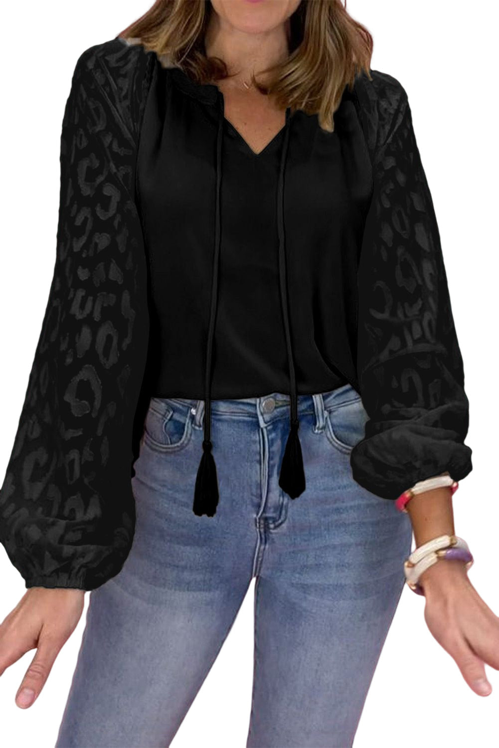 Leopard Mesh Bubble Sleeve Split Neck Blouse