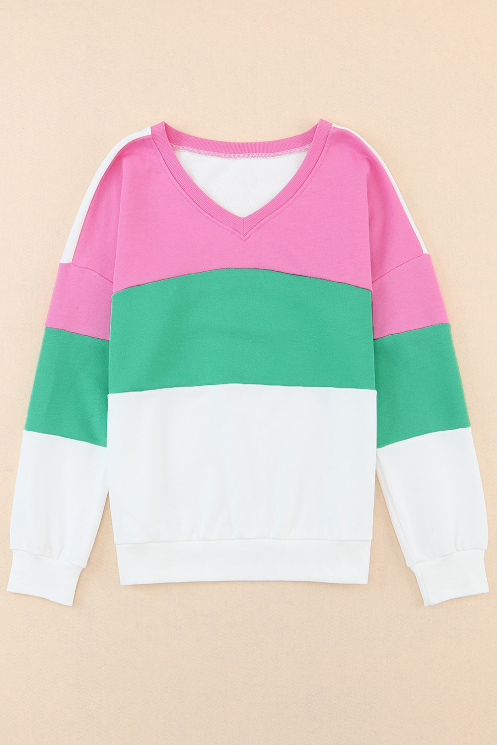 Ribbed V Neck Color Block Patchwork Sweatshirt