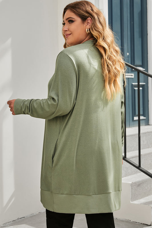 Green Plus Size Snap Buttons Front Knit Cardigan