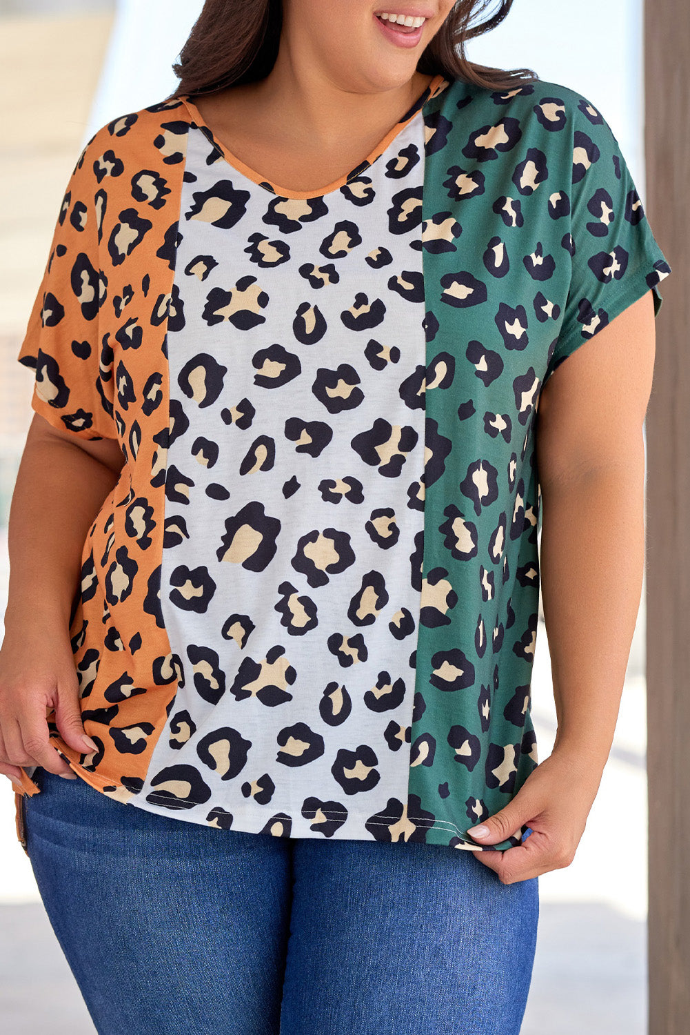 Plus Size Leopard Print Contrast T-Shirt