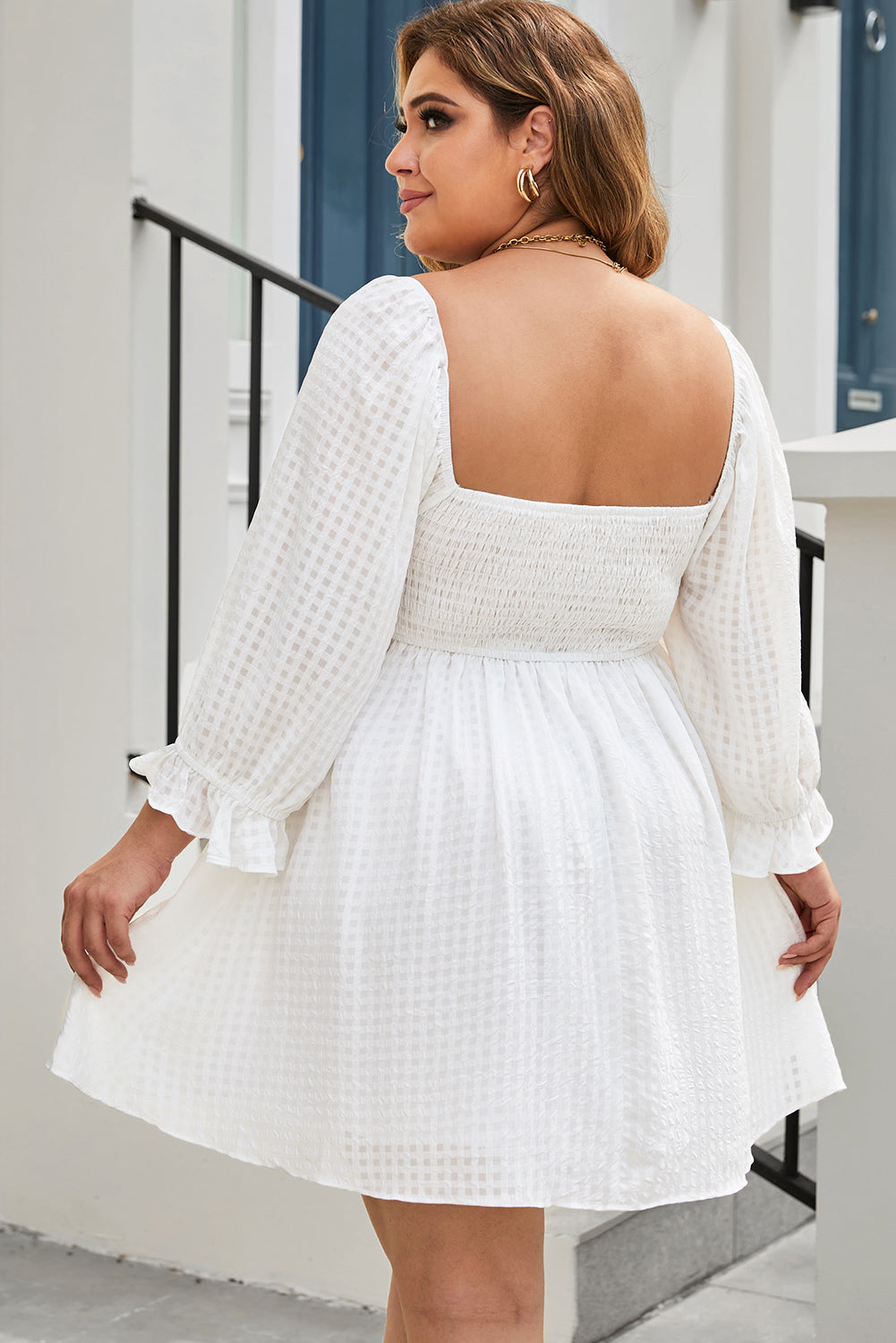 Gingham Square Neck Puff Sleeve Plus Size Dress