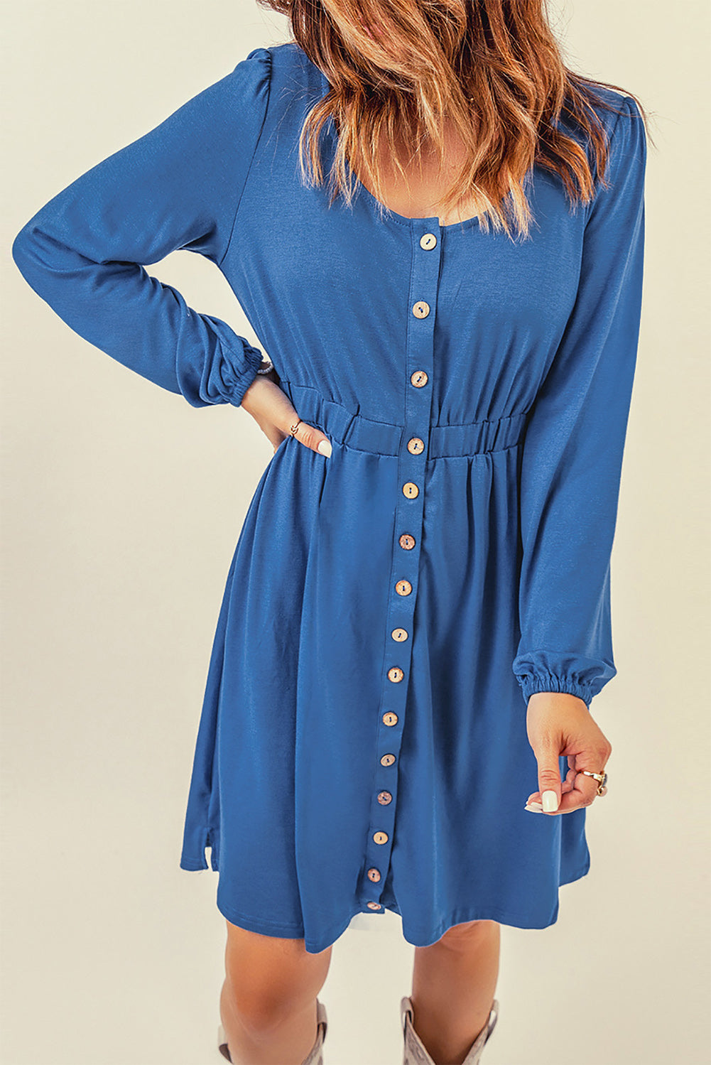 Button Up High Waist Long Sleeve Dress