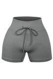 Short de yoga gris à taille avec cordon de serrage côtelé de couleur unie