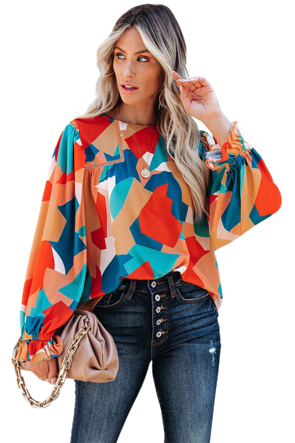 Abstract Pattern Crewneck Ruffled Puff Sleeve Blouse