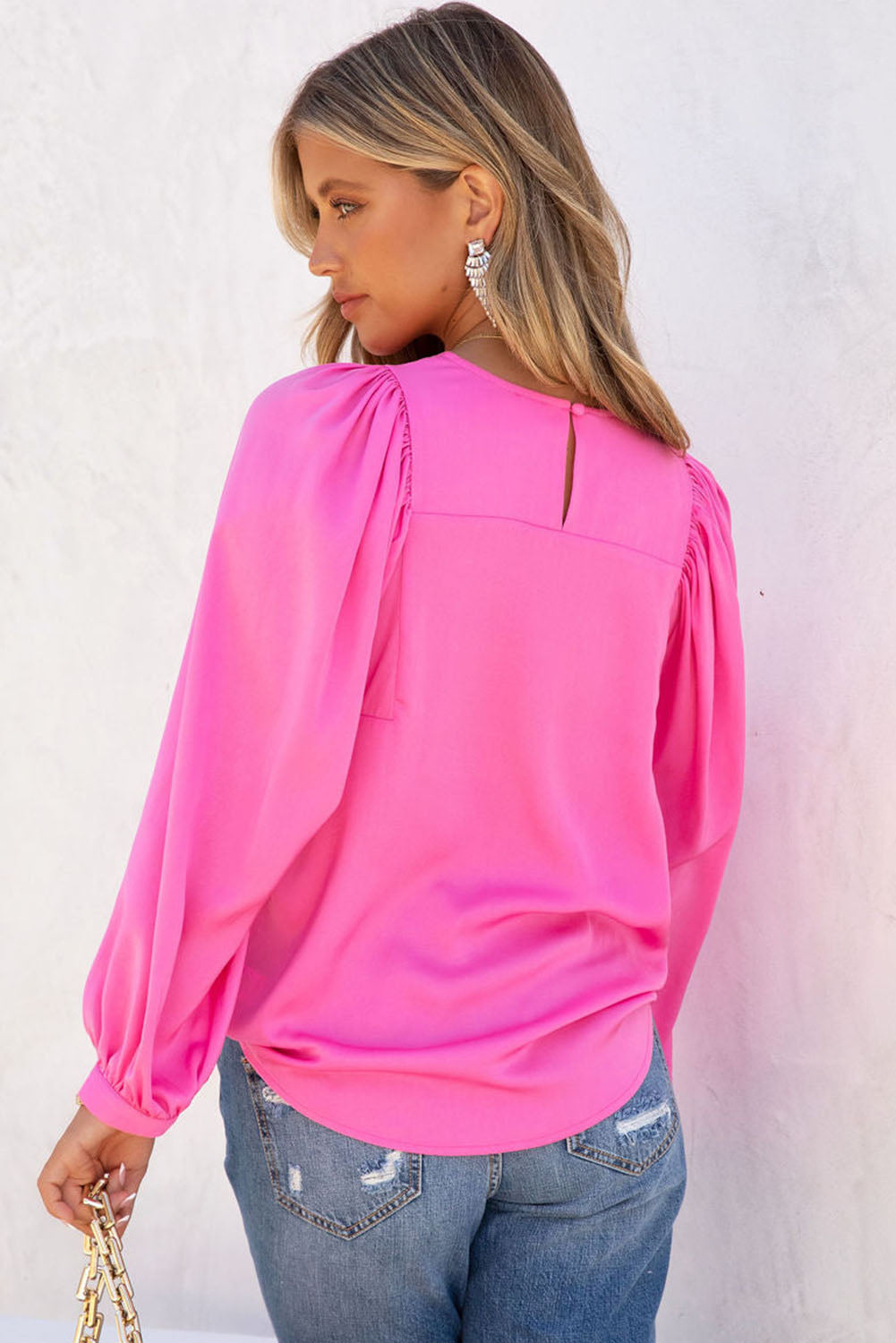 Green Satin Puff Long Sleeve Crewneck Blouse