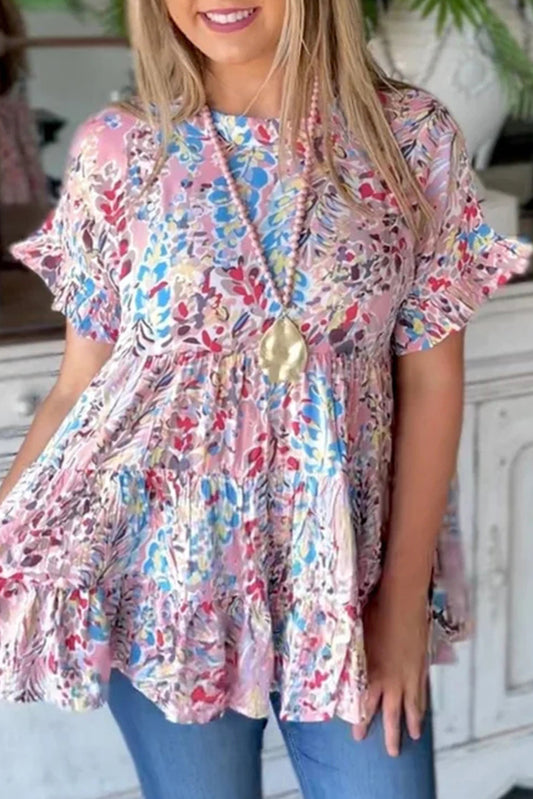 Floral Print Ruffle Sleeve Babydoll Top