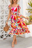 Abstract Print Square Neck Flowy Midi Dress