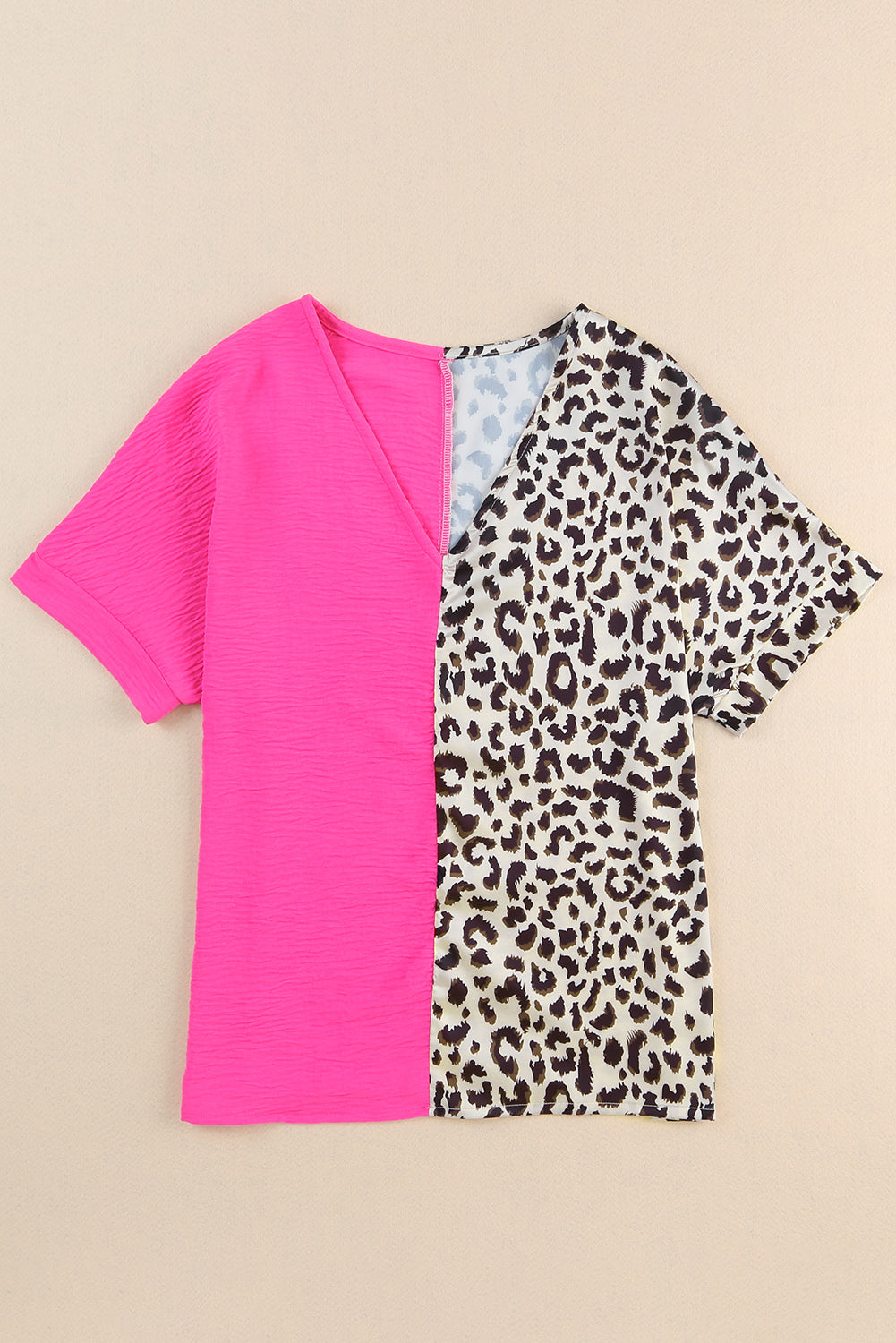 Leopard Color Block Roll Tab Sleeve V Neck Top