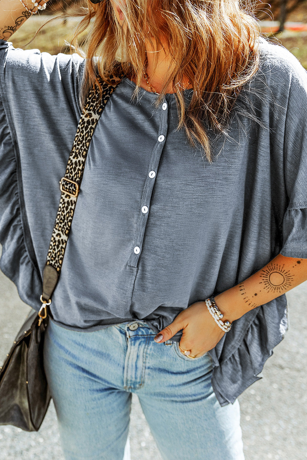 Ruffled Half Sleeve Buttoned Loose T Shirt