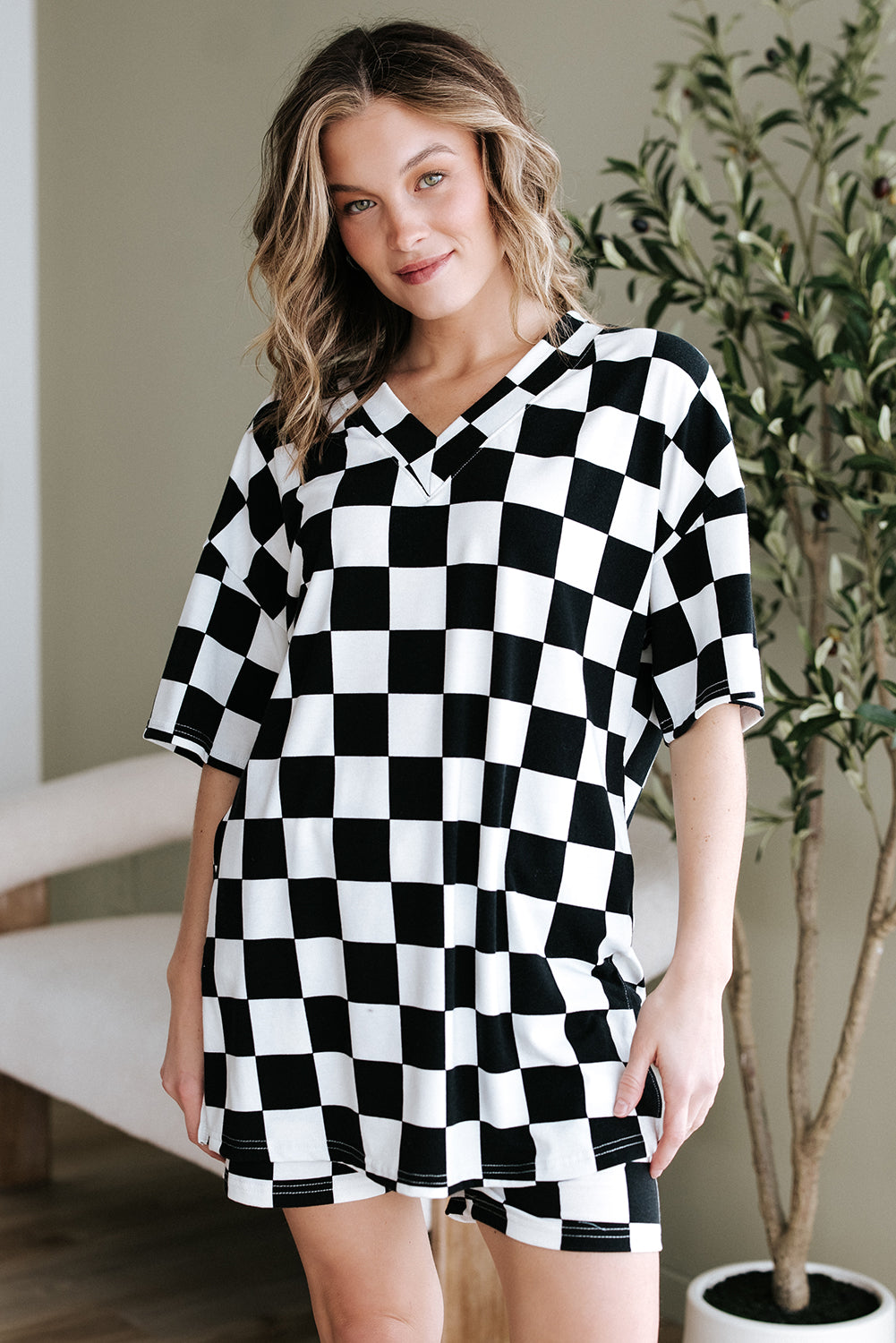 Black Checkerboard Print V Neck Loose Tee and Shorts Lounge Set