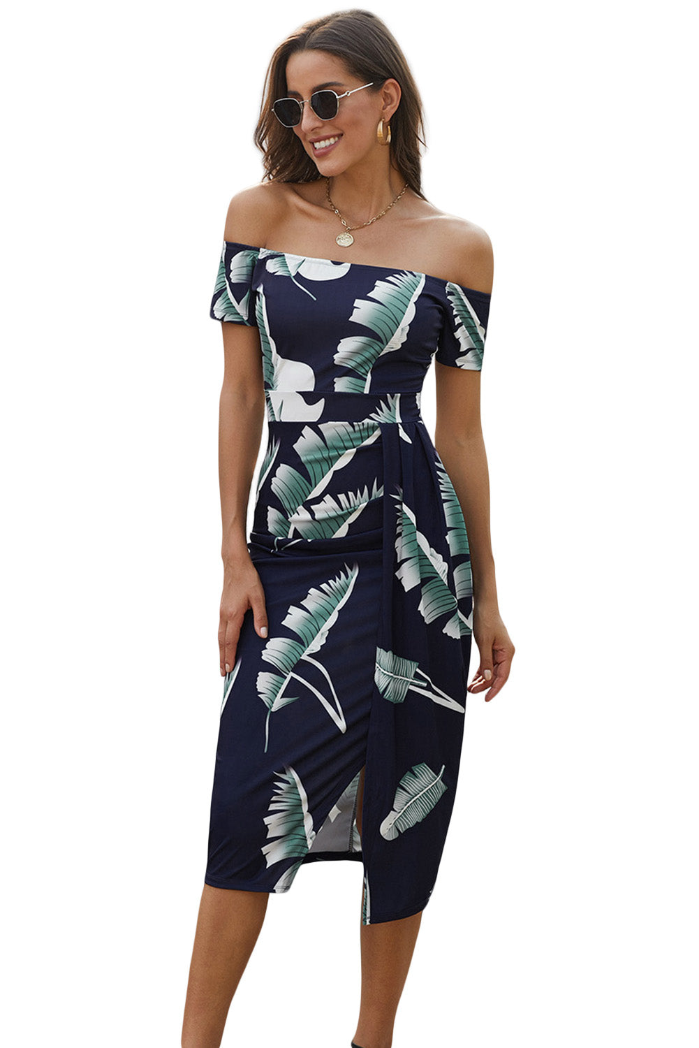 Black Pattern Print Off Shoulder Slit Bodycon Midi Dress