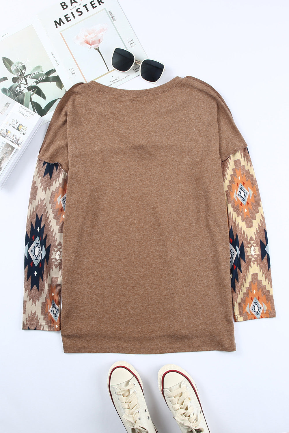 Western Aztec Print Buttoned V Neck Top